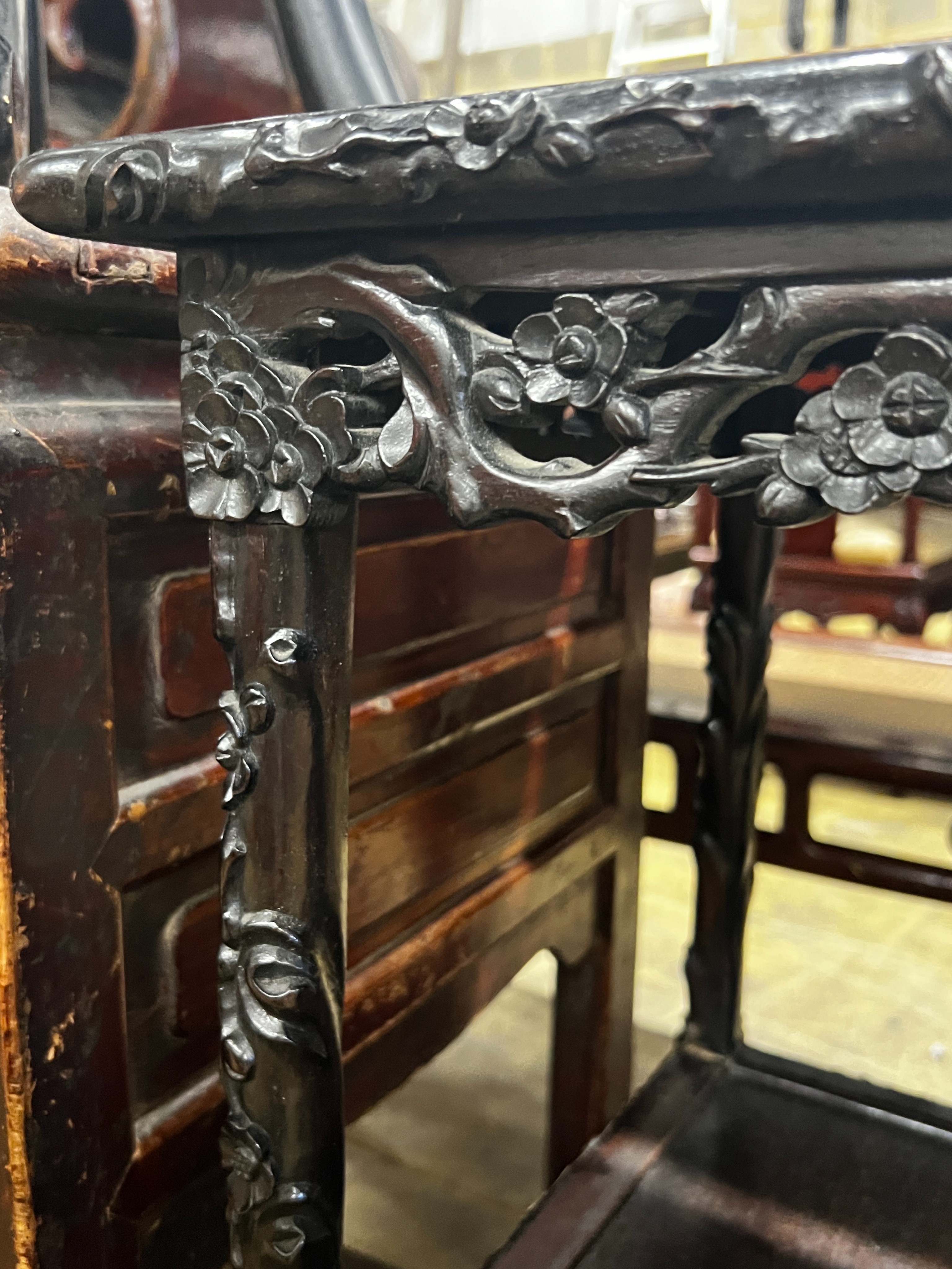 A Chinese rectangular carved hongmu tiered display table, length 67cm, depth 38cm, height 78cm *Please note the sale commences at 9am.